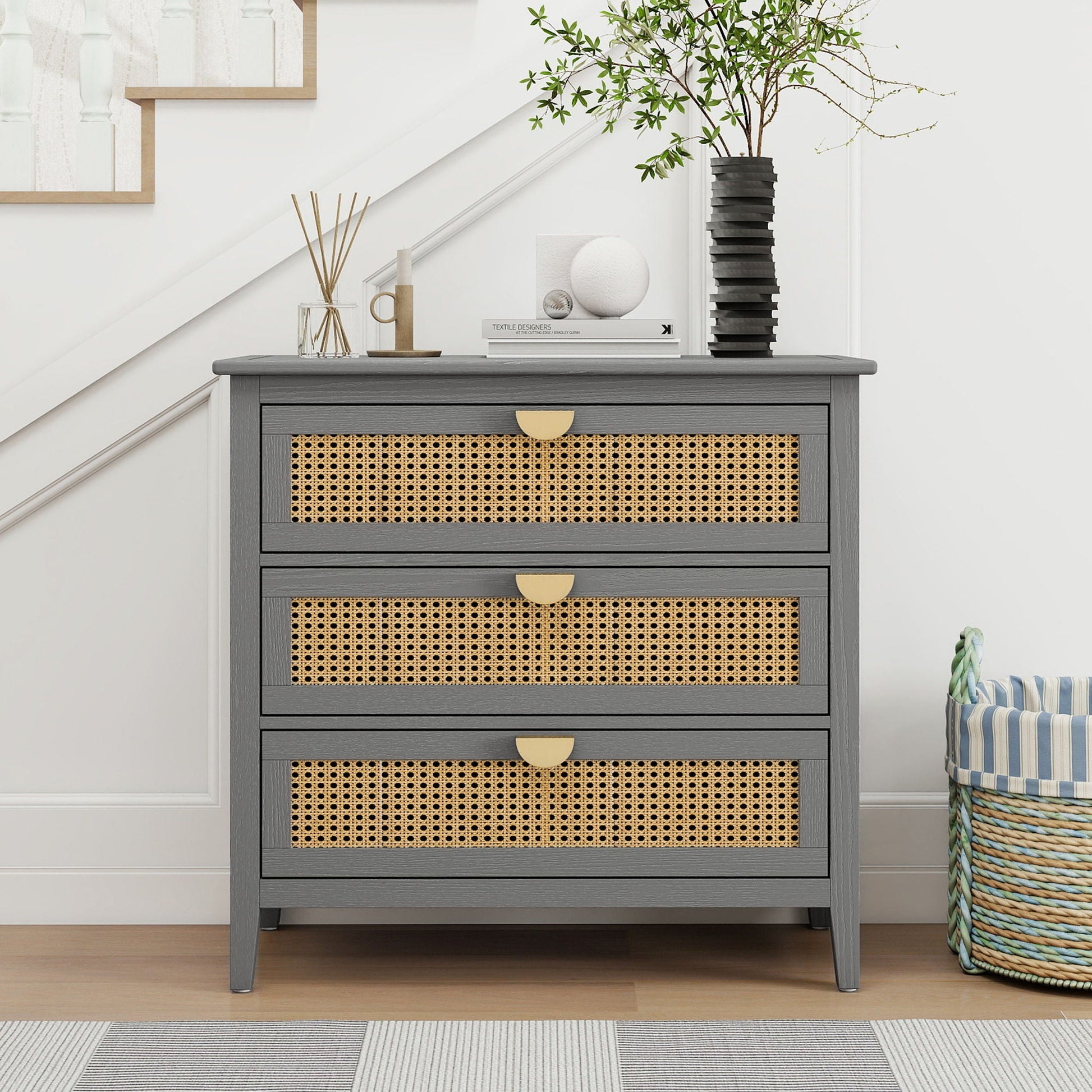 3 Drawer Cabinet, Natural Rattan, American Furniture- Unique Piece Furniture- {{Product type}}