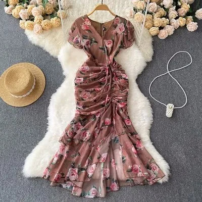 Floral Mermaid Maxi Dress Chiffon Short Sleeve Long Dress