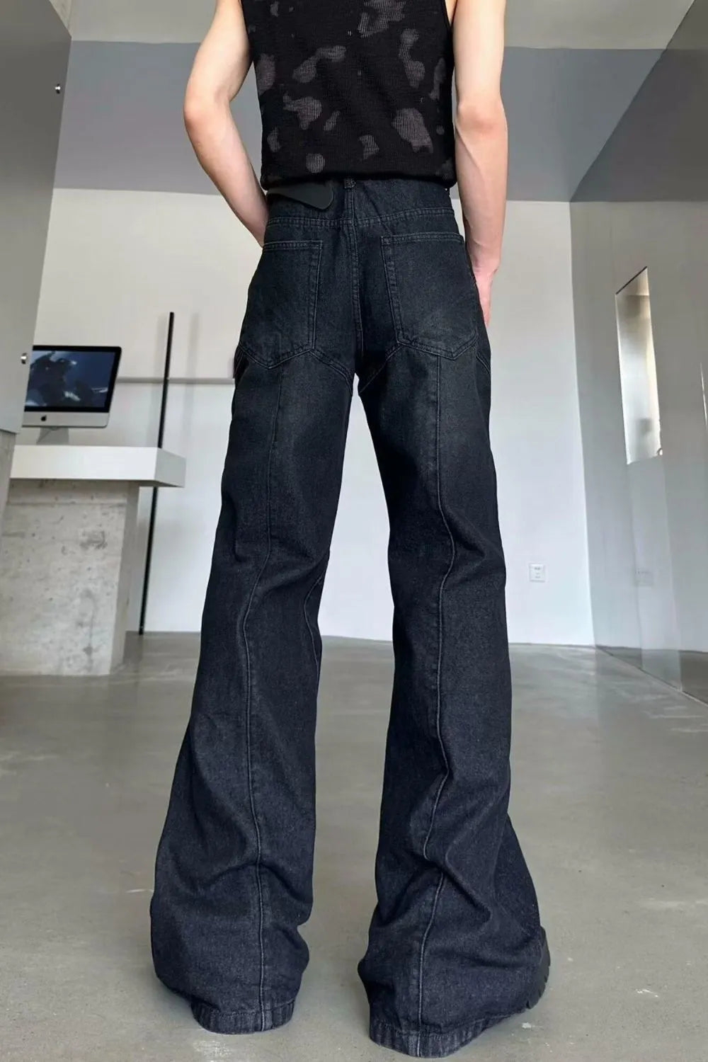 Men's Plus Size Washed Flare Jeans with Zipper Detail - -