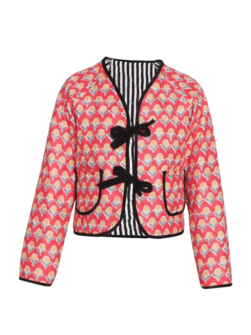 Tied Printed Long Sleeve Jacket - -