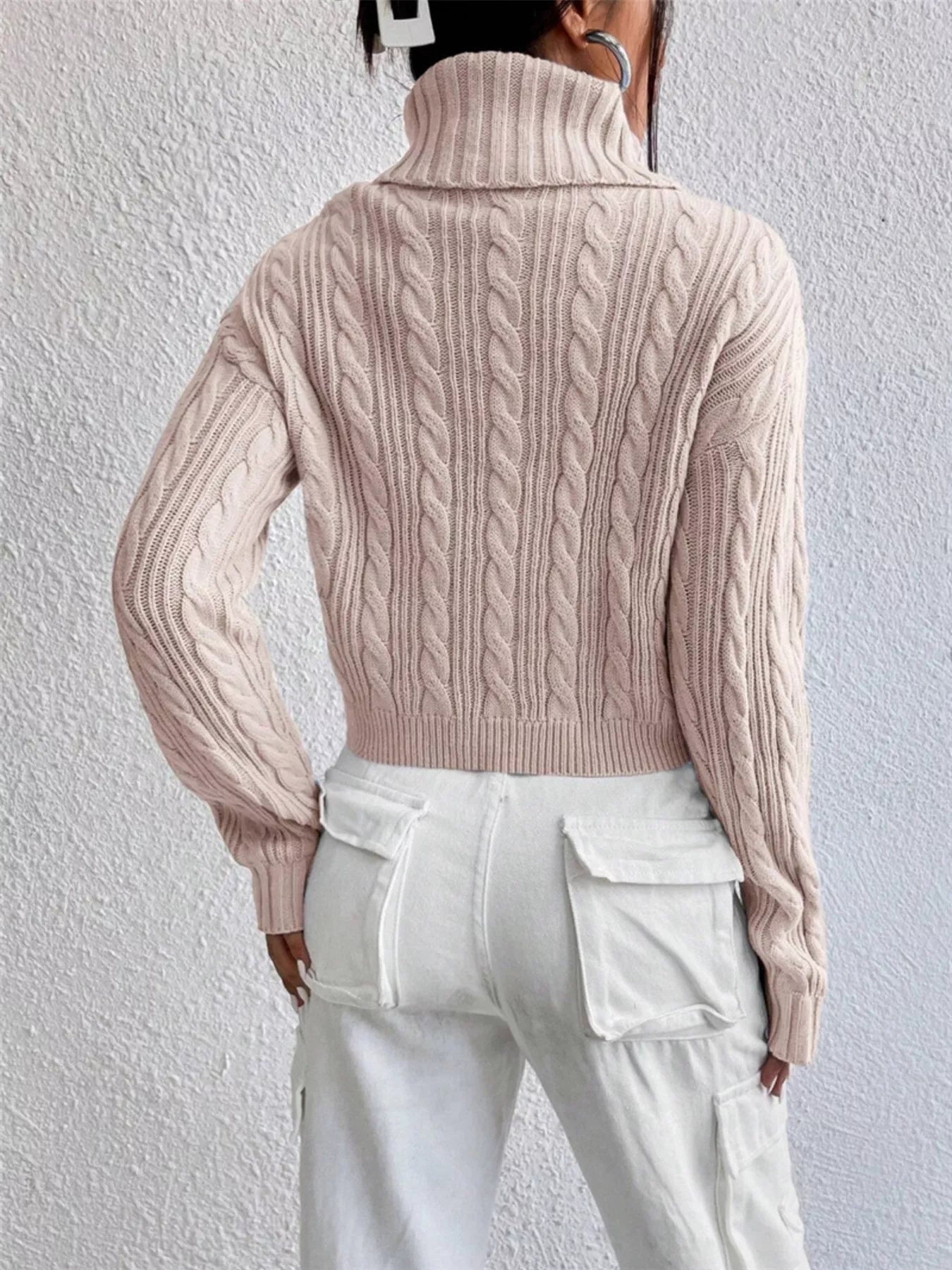 Cable-Knit Turtleneck Long Sleeve Sweater - -