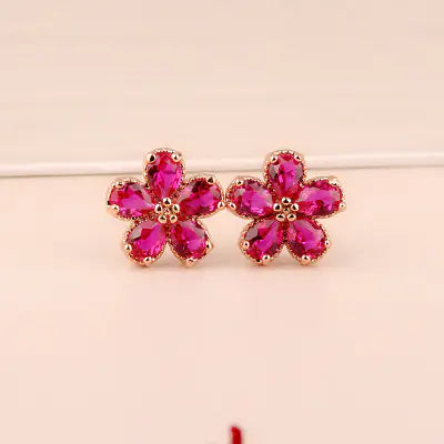 S925 Silver Ruby Floral Stud Earrings for Women Kia Day Design