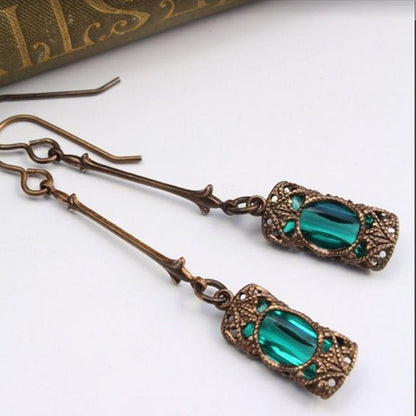 Long Vintage Gemstone Dangle Earrings in Antique Bronze - - earrings