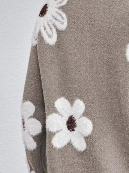 Floral V-Neck Long Sleeve Sweater - -