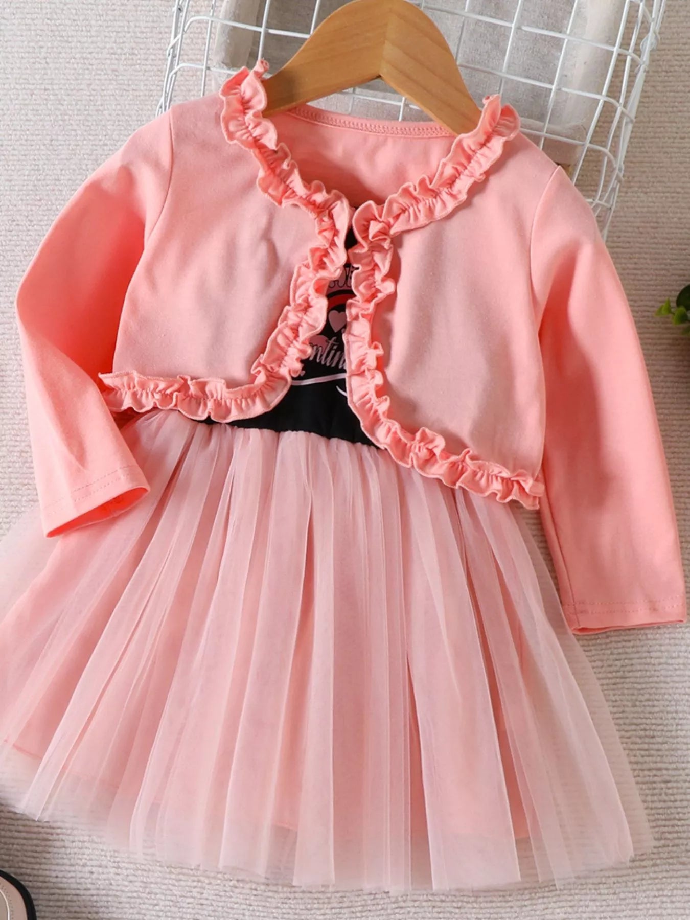 Children's Frill Cardigan and Rainbow Print Tulle Dress Set - -