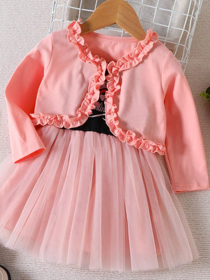 Children's Frill Cardigan and Rainbow Print Tulle Dress Set - -