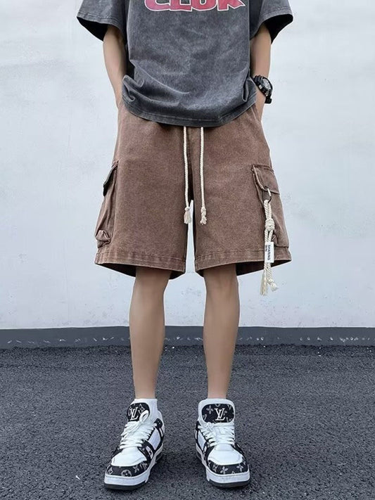 Men's Plus Size Vintage Wash Cargo Demin Shorts - Light Blue -