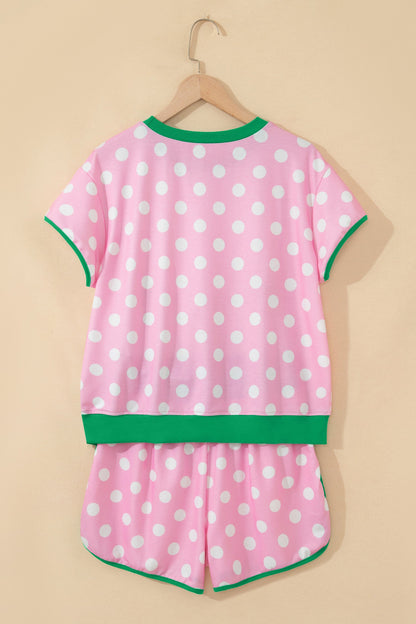 Pink Polka Dot Contrast Edge Casual Short Set - - Two Piece Sets/Short Sets