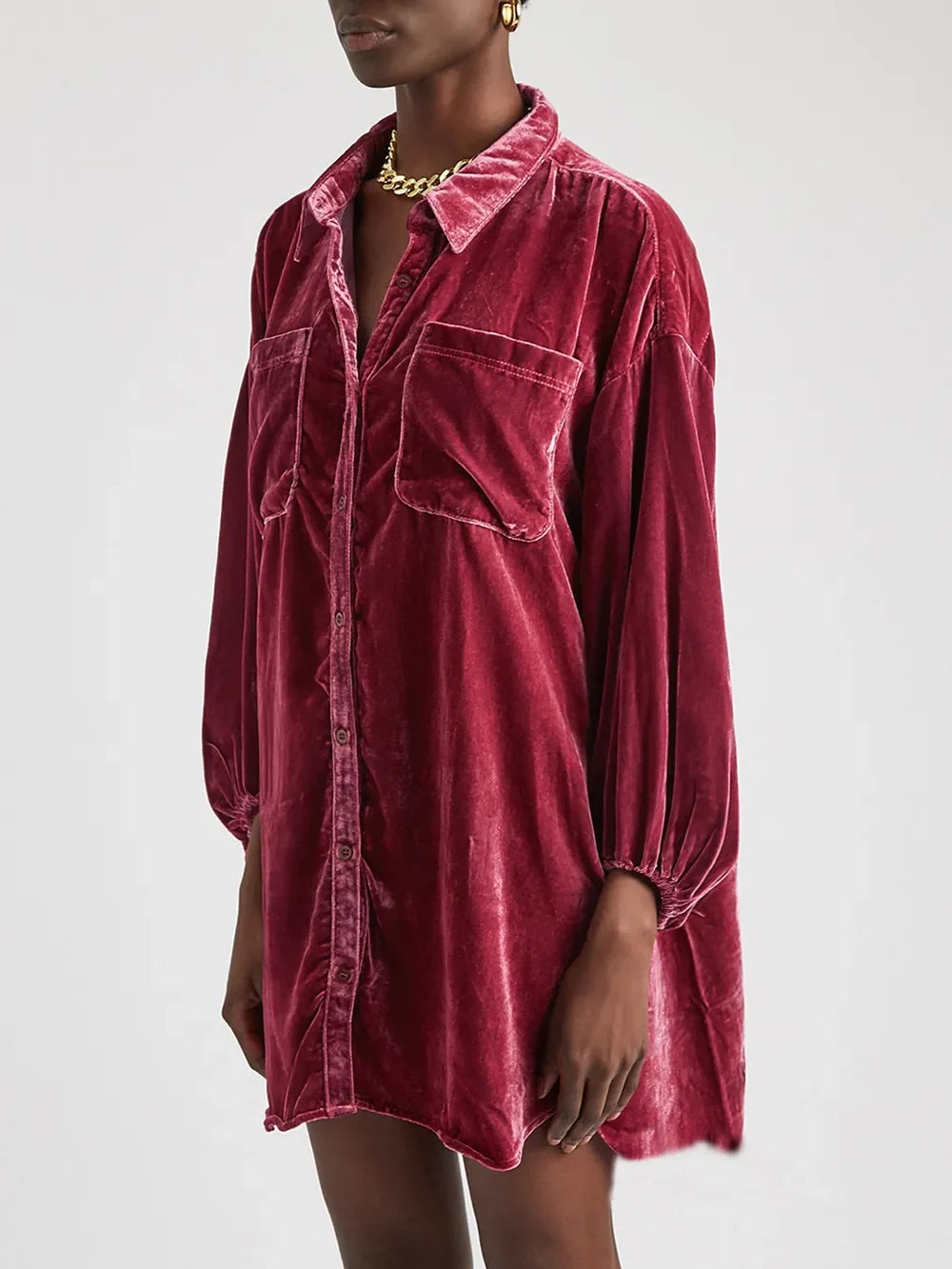 Collared Neck Button Down Long Sleeve Shirt - -