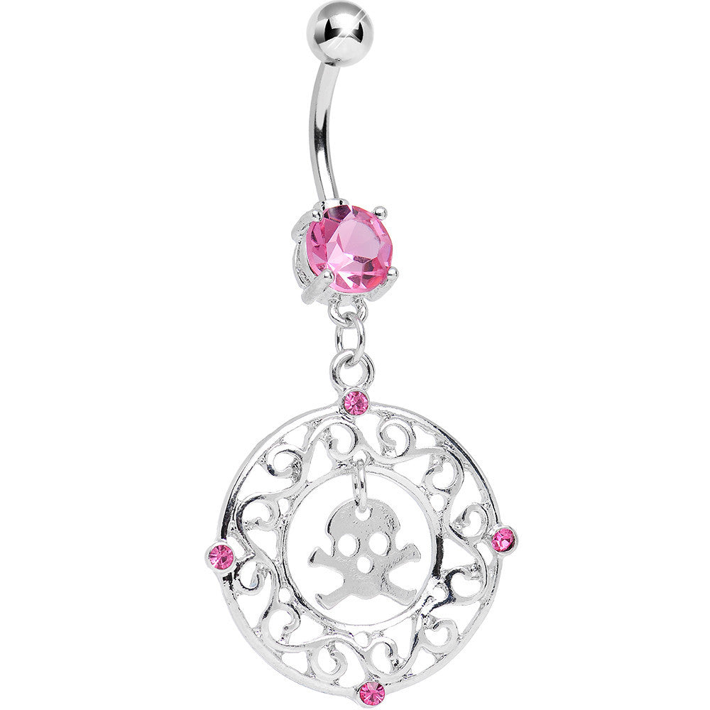 Pink CZ Fancy Framed Skull and Crossbones Dangle Belly Ring - - DISCONTINUED