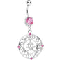Pink CZ Fancy Framed Skull and Crossbones Dangle Belly Ring - - DISCONTINUED