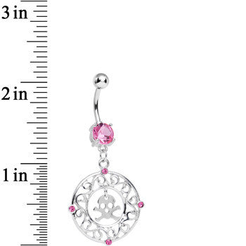 Pink CZ Fancy Framed Skull and Crossbones Dangle Belly Ring - - DISCONTINUED