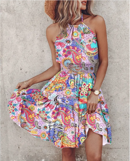 Summer Chic Halter Dress - European & American Print - color 5 Small - dress
