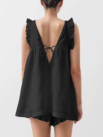 Ruffle Trim V-Neck Top and Shorts Set- Shopimist- {{Product type}}