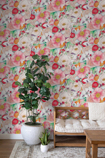 Floral Reverie Wallpaper, red- Samantha Santana Creative- {{Product type}}