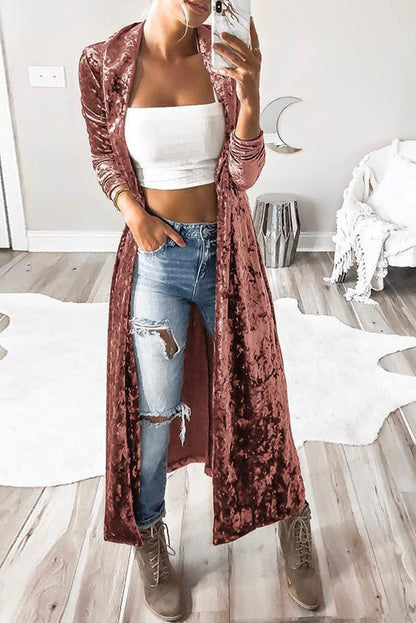 Open Front Long Sleeve Longline Velvet Cardigan - Pale Blush -