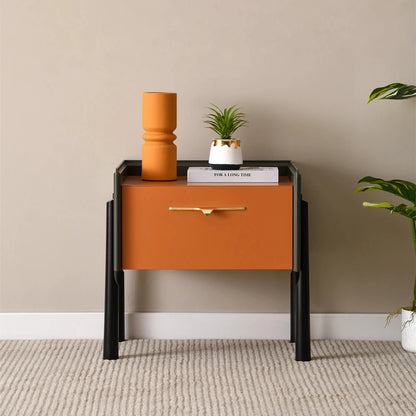 Embossed Surface Two Drawer Lacquer End Table With Gold Antique Brass Handle