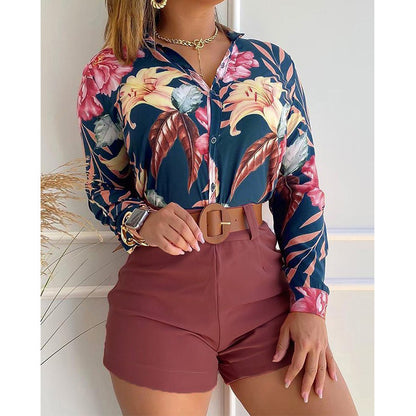 Long-Sleeved Women 2 Piece Shirt and Pants Set Blouse