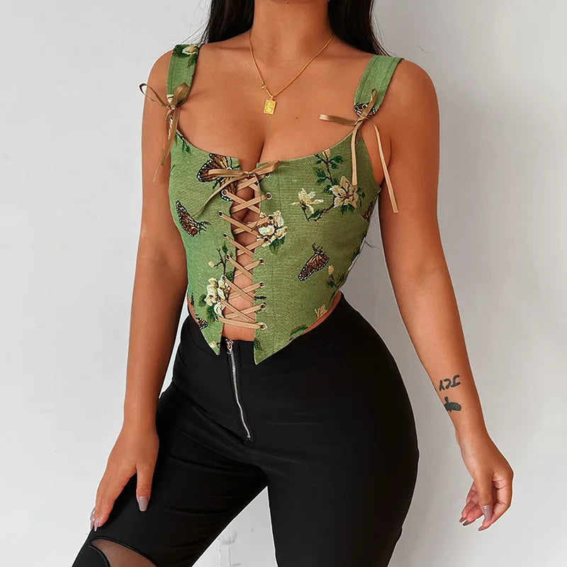 Lace Waist Vest Retro Style Floral Embroidery Straps Suspenders Tank Top