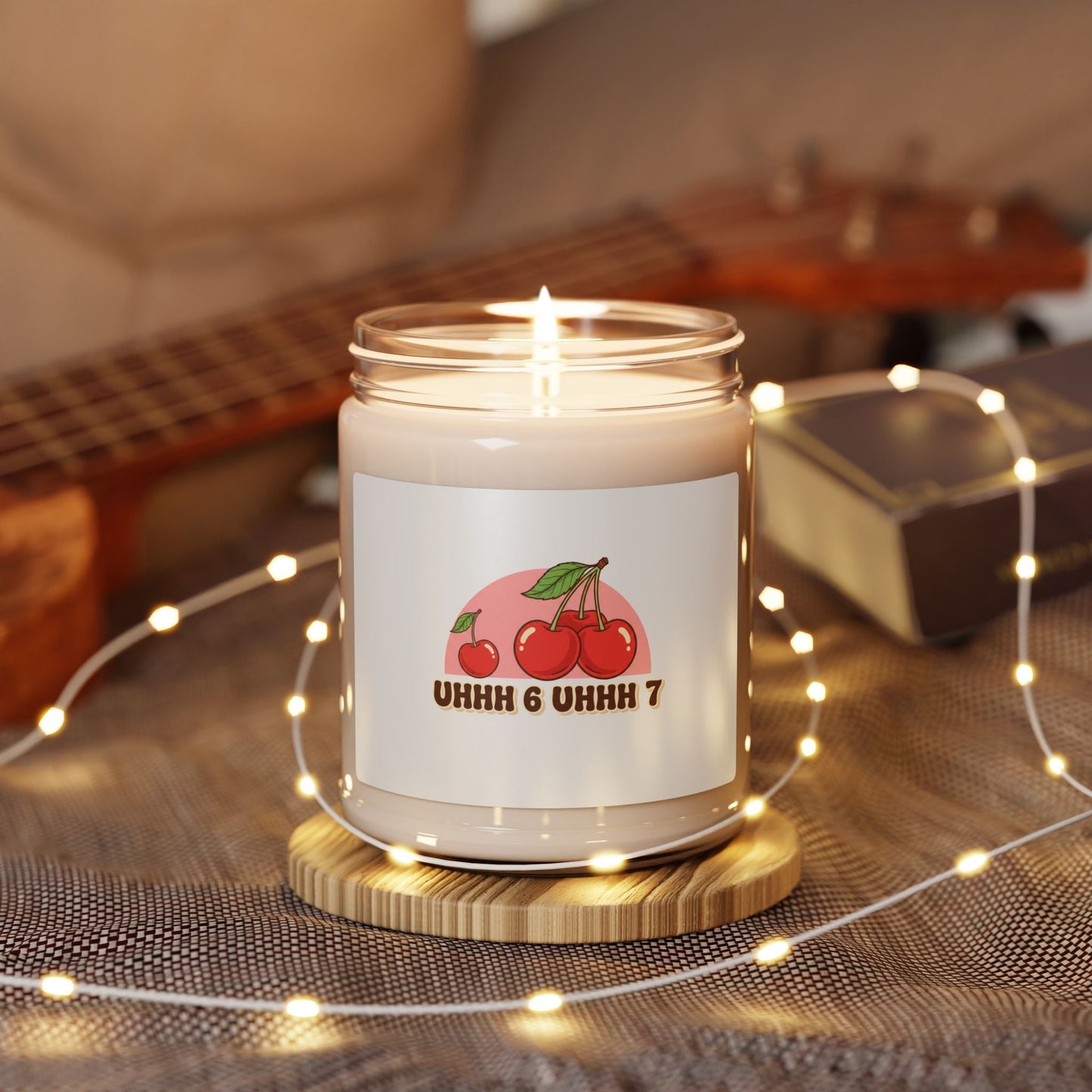6 7 Retro Cherry Graphic Candle | Scented Soy 9oz, kawaii fruit motif - - Home Decor