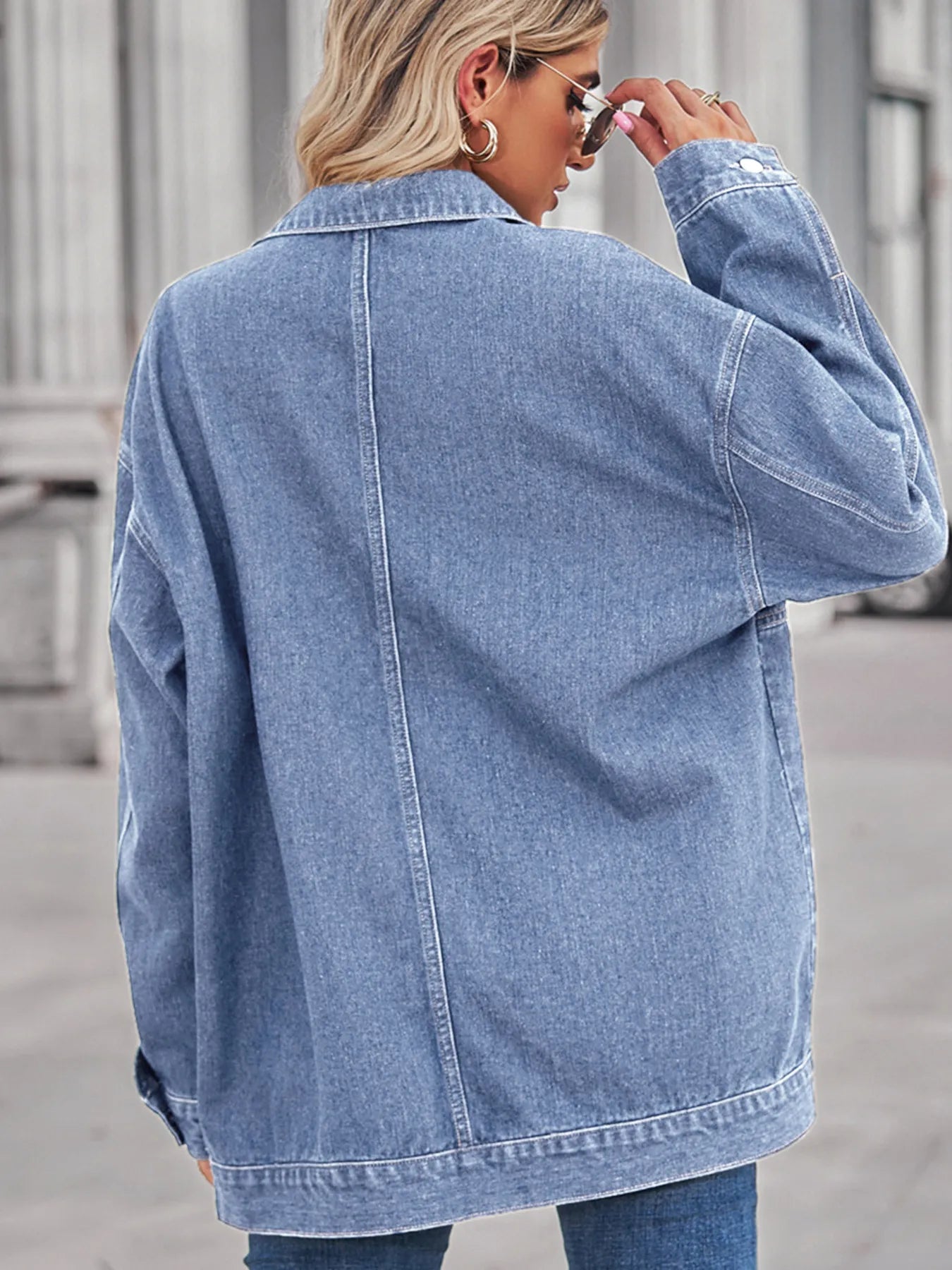 Button Up Long Sleeve Denim Jacket - -