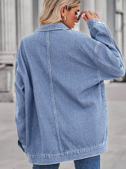 Button Up Long Sleeve Denim Jacket - -