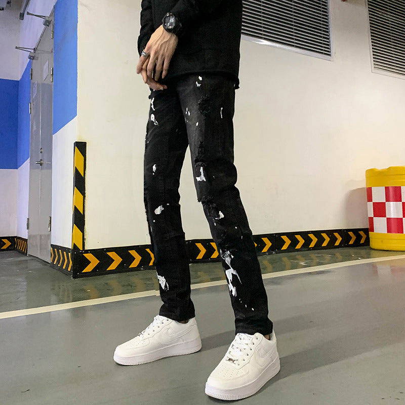 Mens Black Distressed Stretch Denim Jeans - - jeans