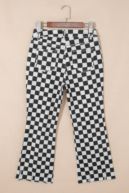 Checker Distressed Raw Edge Cropped Jeans- Pretty Bash- {{Product type}}