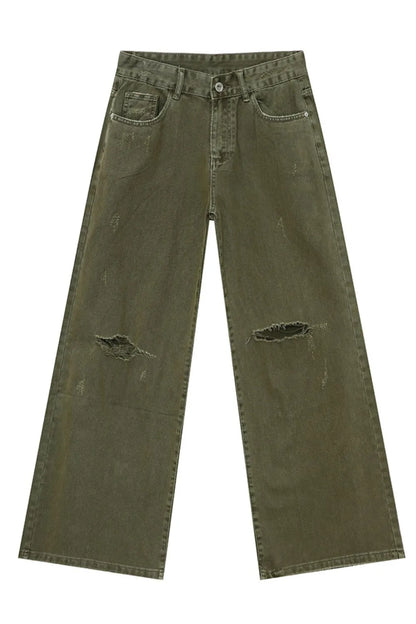 Distressed Wide Leg Jeans with Pockets - -