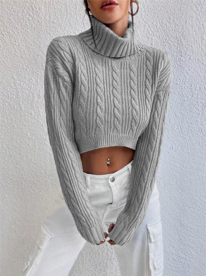 Cable-Knit Turtleneck Long Sleeve Sweater - -