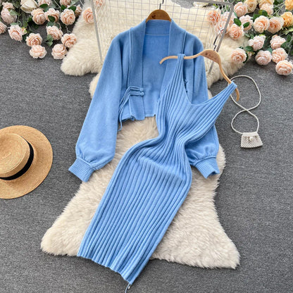 Knitting Suit Women's Short Sweater Shawl Coat+suspender Dress Two-Piece Set