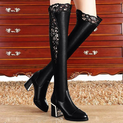 Fleece-Lined Womens Chunky Heel High Boots - Black 35 - boots