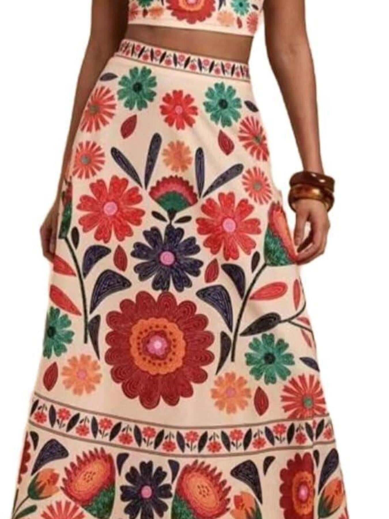 Floral Print Crop Top and Skirt Set - -