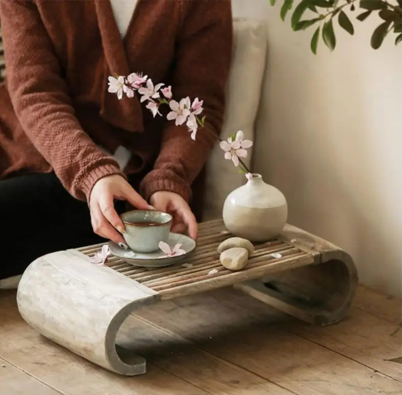 Hand Carved Wood Top Vintage Rectangle Tea Center Coffee Tea Tray Table