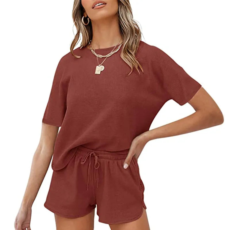 Loungewear Sets Waffle Solid Two Piece Casual Home Wear Shorts Sets T Shirt