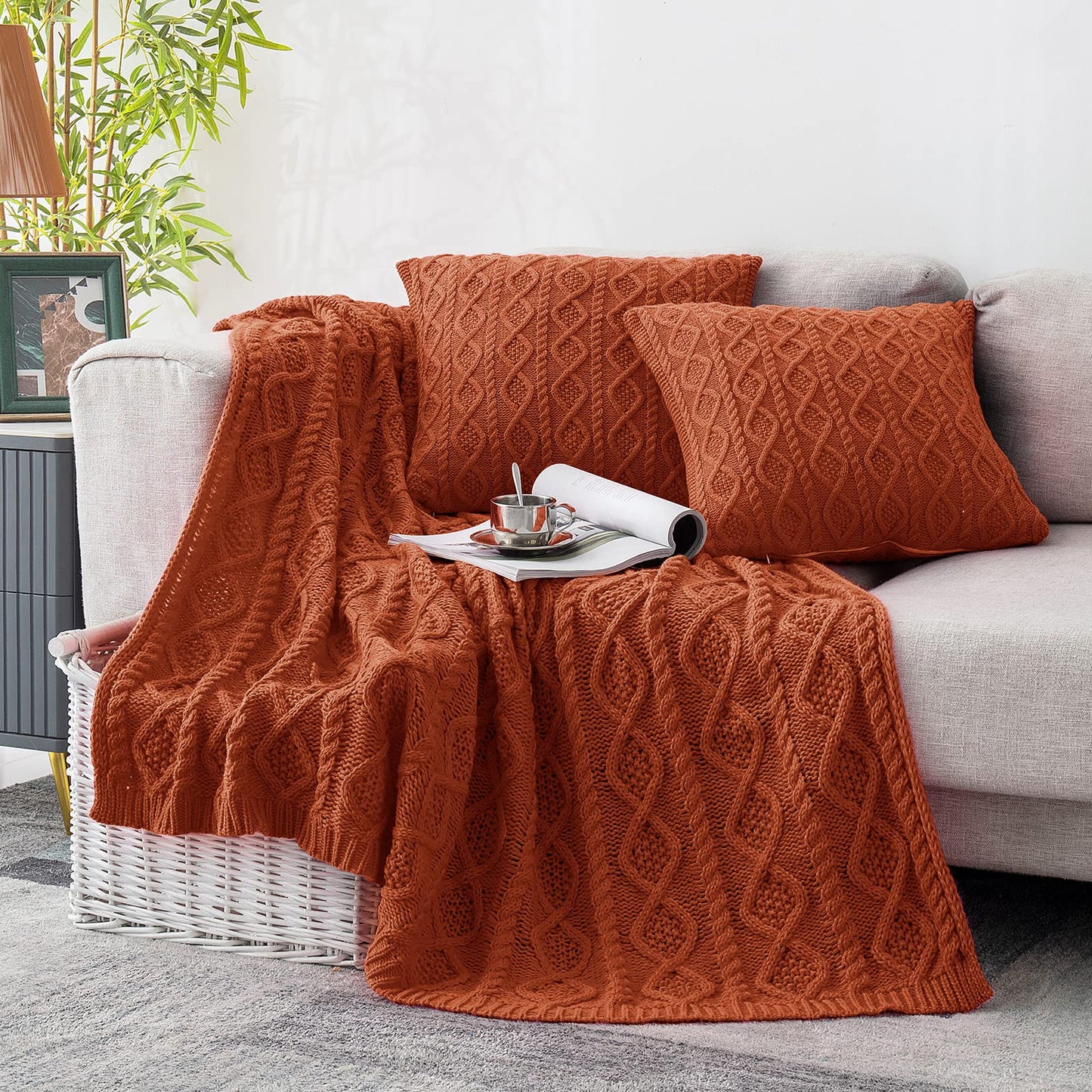 Homiest Cable Knit Throw Blanket and Pillow Set Rust - - blanket