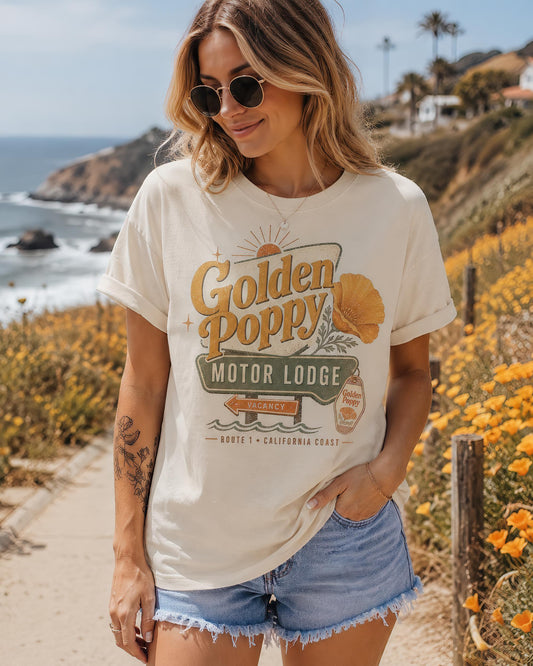 California Poppy Shirt - Retro Travel Tee | Soft Cotton Botanical Print - -