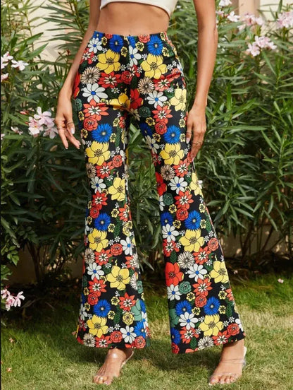 Women Boho High Waist Flare Retro Floral Print Comfy Yoga Palazzo Pants