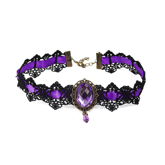 Pingyongchang Lace Choker Necklace Black Lace Crystal Choker Necklace for Women Halloween Weeding Costume Party Prom Vampire Pendant Choker for Women Gothic Jewelry-Purple Kia Day Design