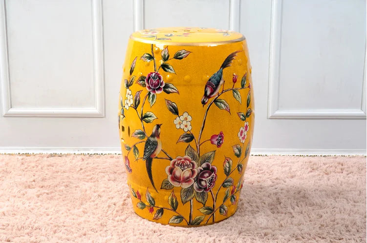 Decorative Drum Ceramic Stools Hand Painted Chinese Flower and Bird Pattern Art