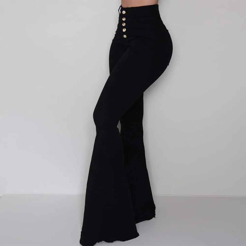 Elegant Office Lady Button Slim Fit Flare Pants