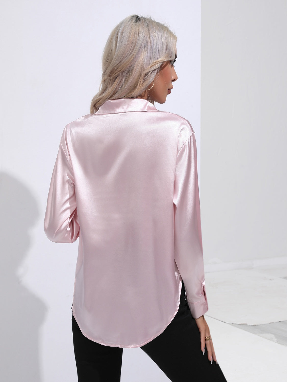 Collared Neck Buttoned Long Sleeve Shirt - -