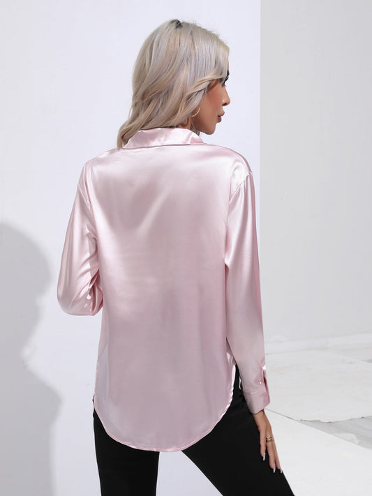 Collared Neck Buttoned Long Sleeve Shirt - -