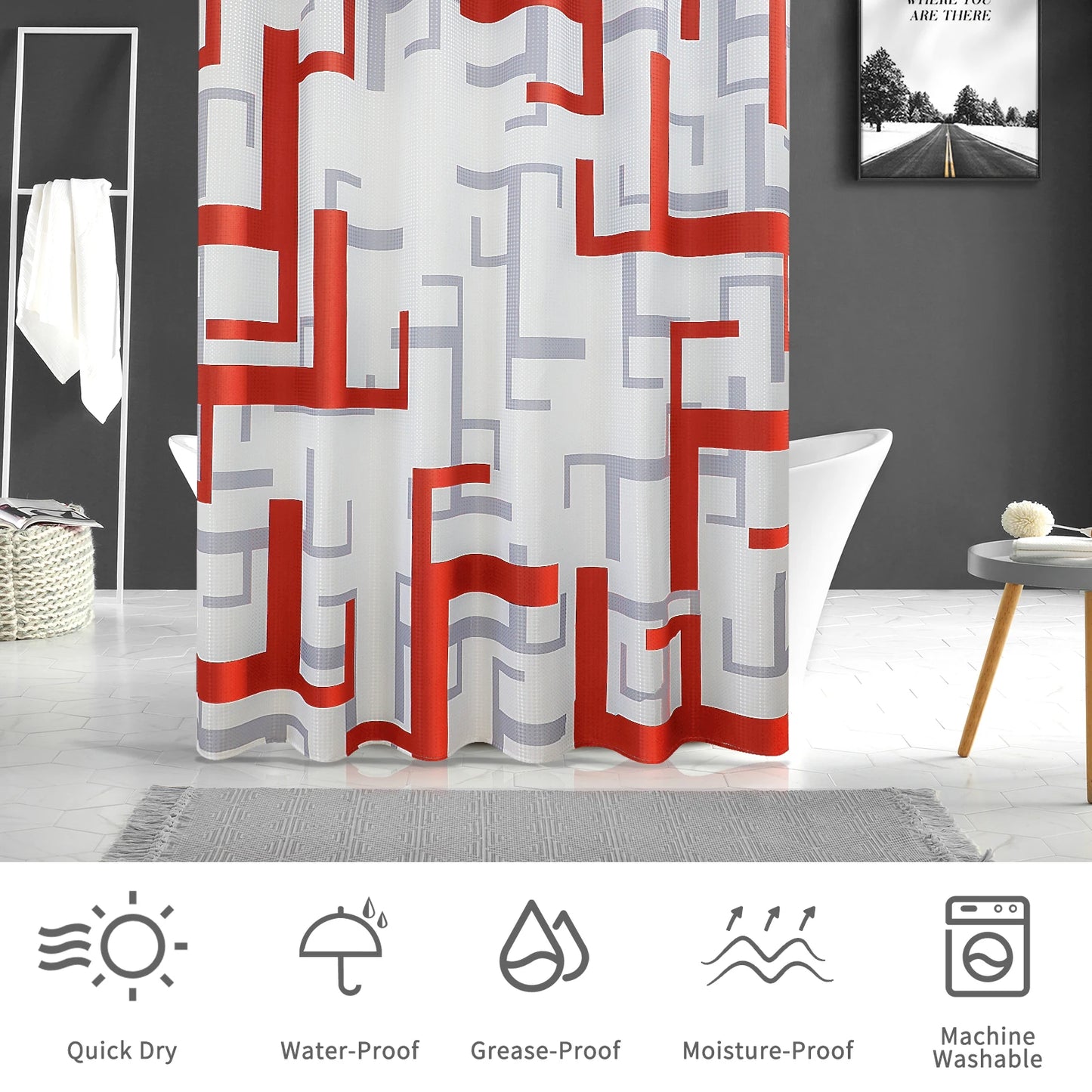 72*72inch Red Color Shower Curtain With Rustproof Metal Grommet and Hooks