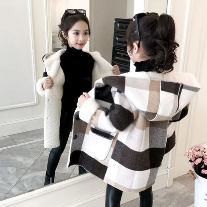 Girls Plaid Thick Lamb Woolen Coat Beige 12 Years Old