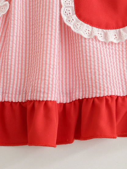 Children's Fruit Embroidered Striped Short Sleeve Dress - -
