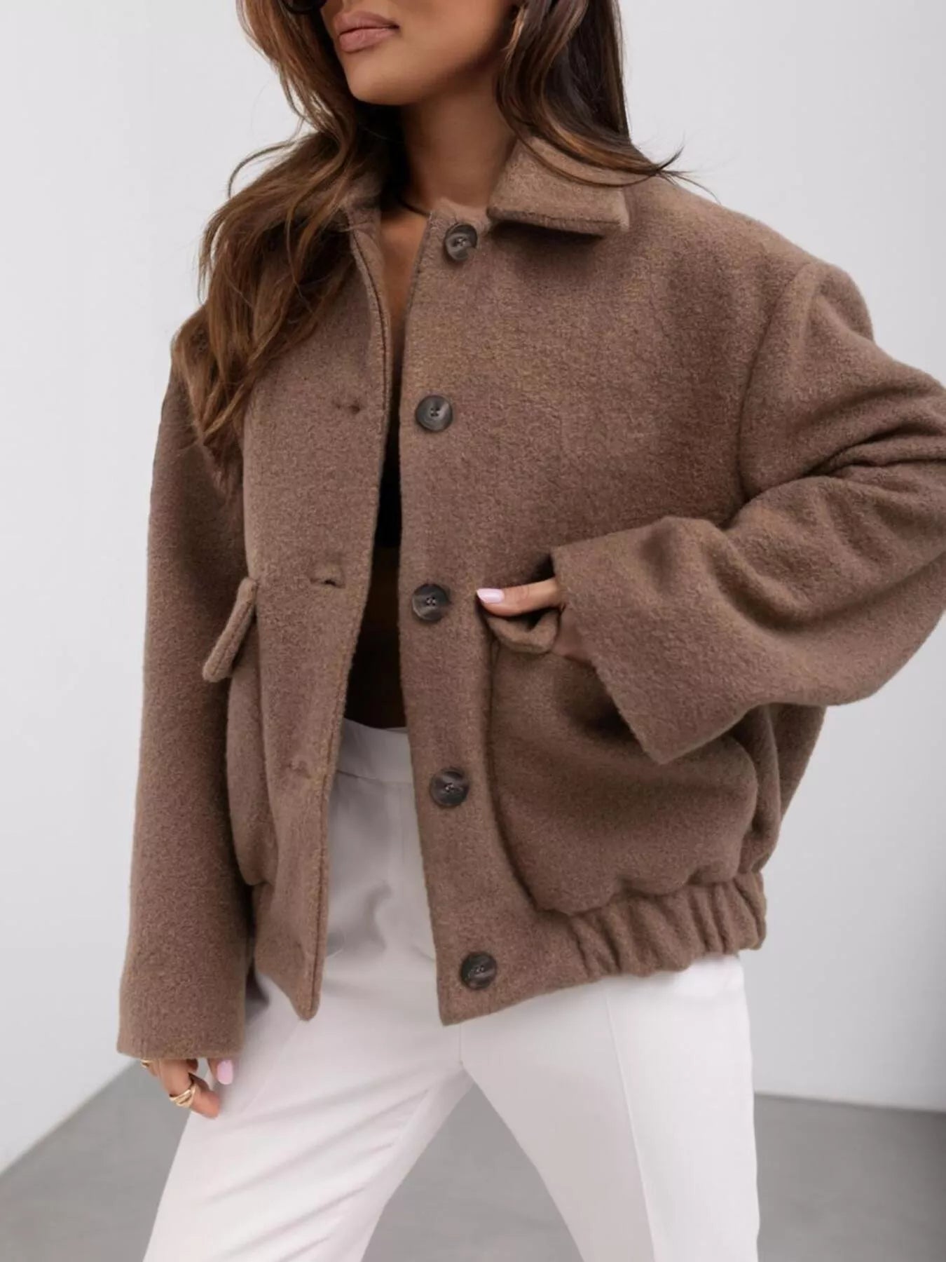Button-Down Long Sleeve Outerwear - Brown -