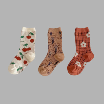 Cherry Flower Double Woven Cotton Socks brown white