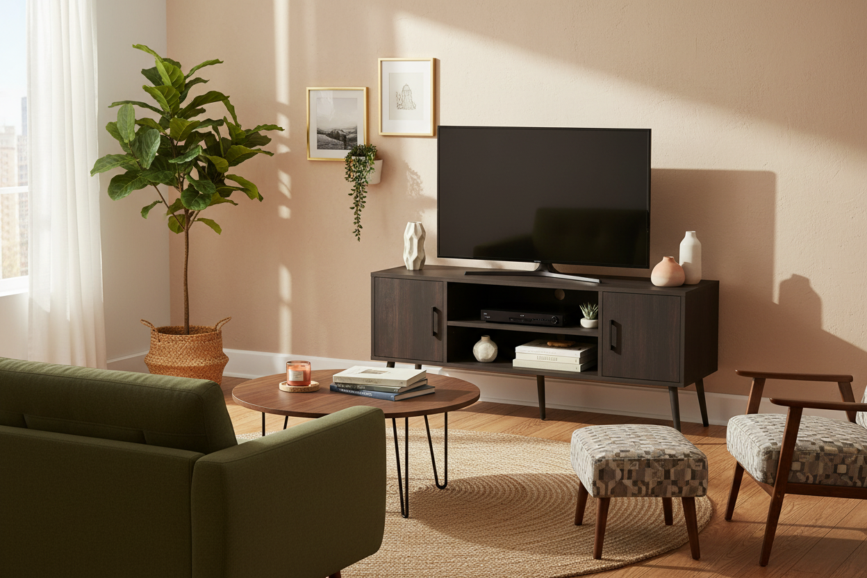 55 Inch TV Center with Doors and Open Shelves - - table