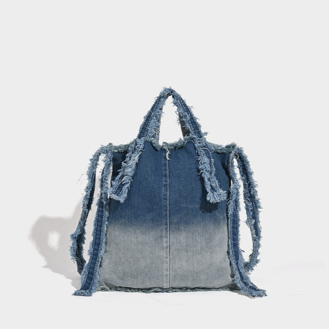 Washed denim bag stray wind, design tote shoulder bag, casual ladies shoulder bag, canvas shoulder hobo bag - Light blue -